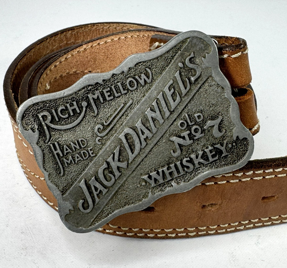 Jack Daniels Belt Mens 38 Brown Leather Western Logo Buckle Made USA Whiskey